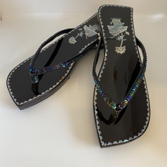 - New Asian Oriental Flip Flops Sandals MOP Inlay Black Lacquer Wood - Picture 6 of 9